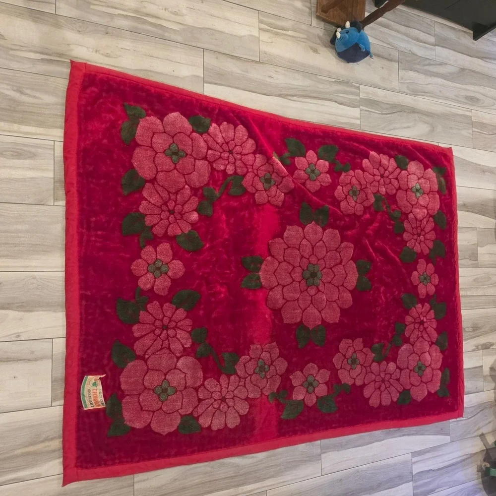 Vintage Choioka Korean Mink Blanket Reversible Deer Crane Floral Red Heavy Plush